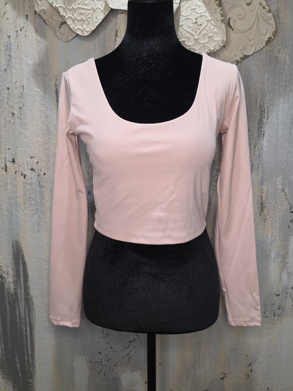 Women's Blush Pink Long Sleeve Scoop Neck Crop Top W/ Back Cut Out Size Large